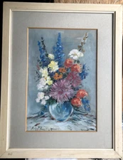 Painting Still Life Colorful Summer Flowers with Blue Vase °UNREADABLE Signed