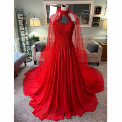 Red Chiffon Wedding Dresses Appliques Halter Neck A Line Bridal Gowns With  Train | eBay