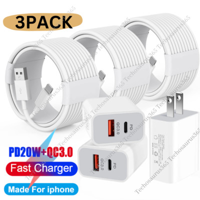3 PACK 20W PD QC 3.0 Fast Wall Charger USB C Power Adapter Block For iPhone iPad