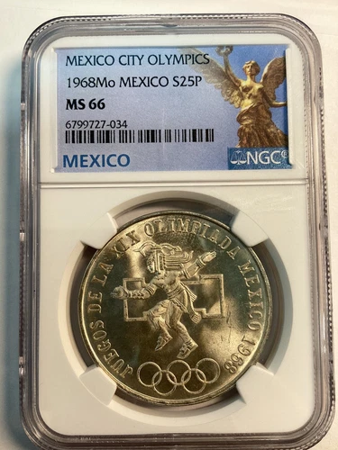 MS66 1968 Mexico XIX Olympic Games AZTEC Ball Player 25 Pesos Silver Coin NGC