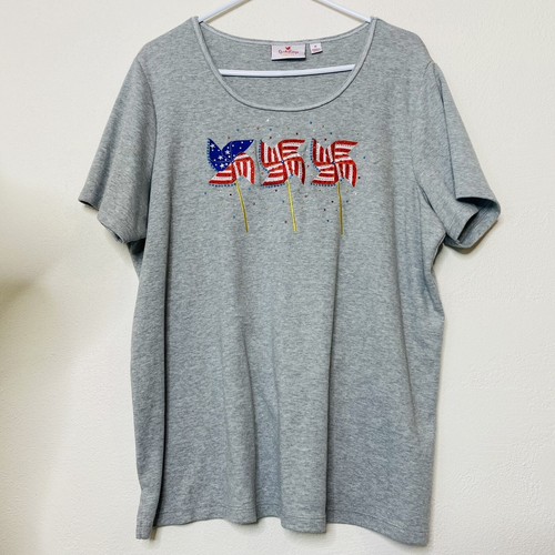 Quaker Factory Top 1X Scoop Neck Short Sleeve T-Shirt Pinwheel Flags Bling Stars - Picture 11 of 11
