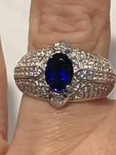 Gorgeous Lab Created Oval Sapphire  Clear CZ 925 Silver Ring Size 7.75