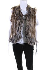 Jocelyn Womens Rabbit Fur Tassel Trim Sleeveless Hook Closure Vest Brown Size L