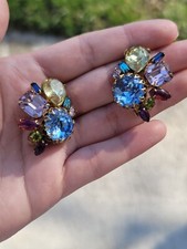Vintage Alice Caviness Cluster Multicolor Clip Earrings Rhinestone
