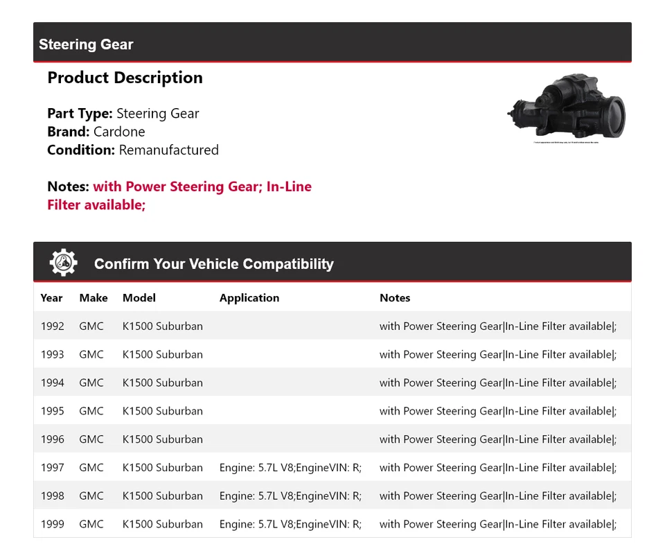 Para GMC K1500 1992-1999 Suburban Steering Gear Cardone 1993 1994 1995 1996 1997 Foto 2 de 4