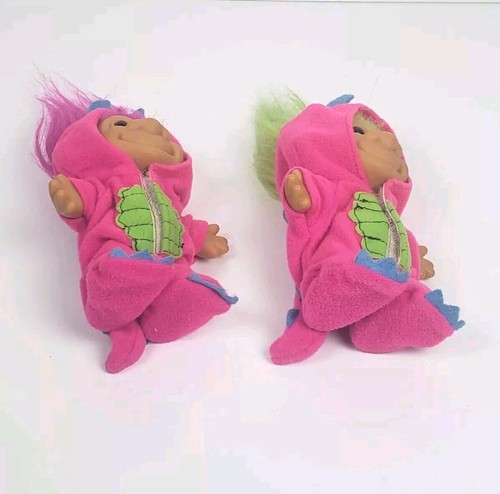 Set Of 2 Russ Troll Dinosaur Costume Doll 5” Neon Green And Purple Hair Vintage - Picture 4 of 6
