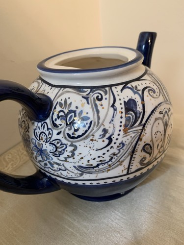 Rara teiera ceramica HTF Potters Studio Paisley & Filigree blu scuro e oro usata in ottime condizioni - Foto 17 di 24