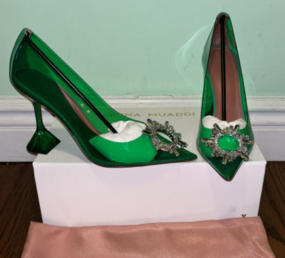 NIB $1245 Amina Muaddi Begum 90mm Glass PVC Ornament Pumps Sz