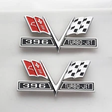 2x 396 Turbo-Jet V-Flag Logo Embem For 1965-1967 Fender Badge New (Chrome）
