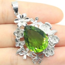Buy 2 Get 1 Free Flowers Shape Green Peridot For Sister Gift Silver Pendant