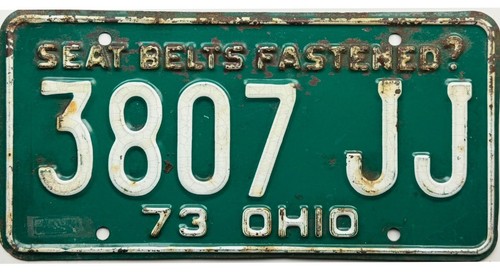 *SCHNÄPPCHENMÜLLEIMER* 1973 Ohio Nummernschild #3807 JJ Sicherheitsgurte befestigt?