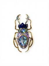 Gold Tone Blue Rhinestone Stag Beetle Bug Statement Brooch Pin Jewelry Gift