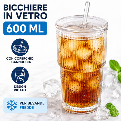 Rigato Glas Glas 600ml mit Deckel und Strohhalm für kalte Getränke