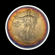 2008 W American Silver Eagle 1oz Ocean Sunset Toning With Blue Toning Under Sun