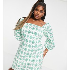 Collective Label Curve Green White Floral Puff Sleeve Mini Dress Size 28 NWT