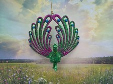 NEW Green Pink Glitter GLITTERED SPARKLING Peacock Christmas Ornament NWT