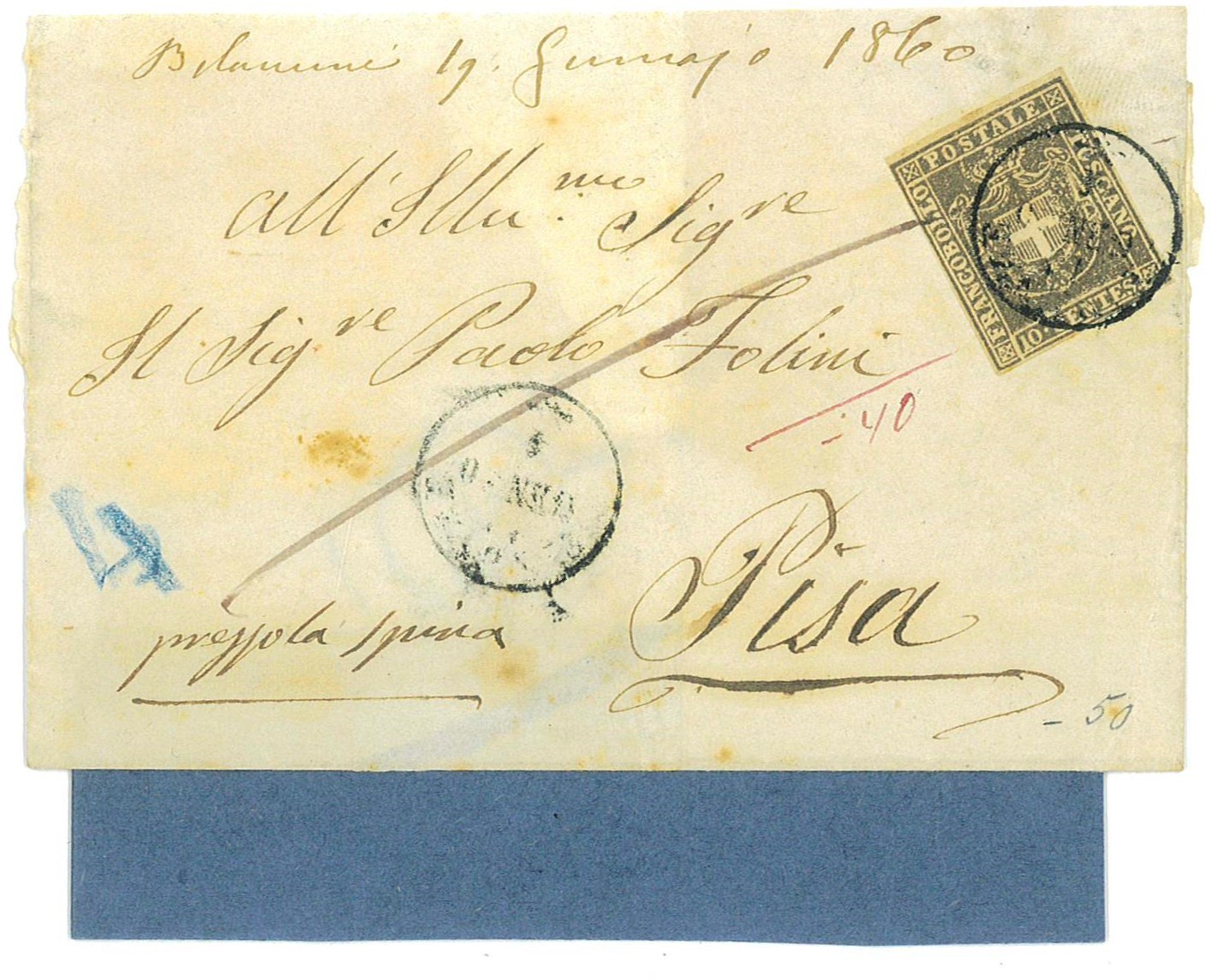 P4822 - TOSCANA, SASS 19 SU GRAN PARTE DI LETTERA, 4 MARGINI, USATO IL 14.1.1860