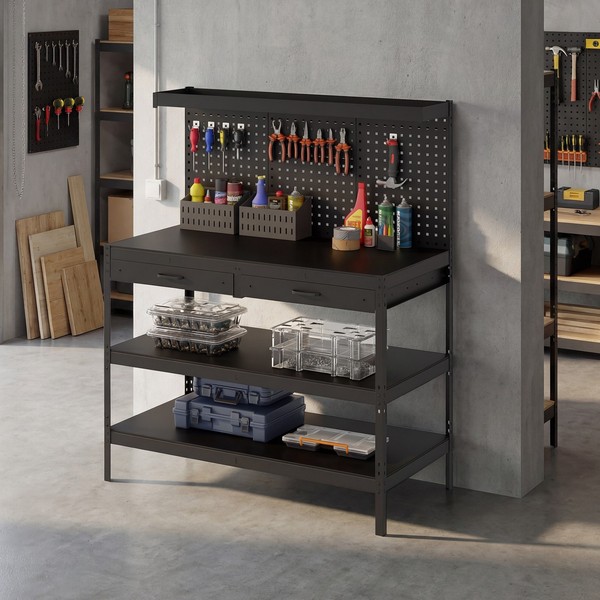 Homcom Werkbank 122 X 61 X 156 Cm Arbeitstisch Mit Lochwand, 2 Schubladen-image