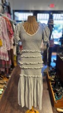 Love Shack Fancy white & grey Cotton window pain & stripes puff shoulder Dress