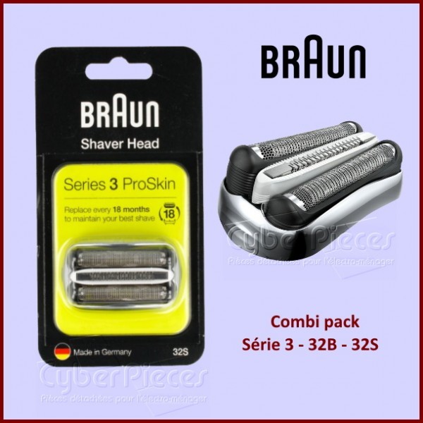 Couteau de rasoir Braun 32S Série 3 tête de rechange argentée anti-irritation