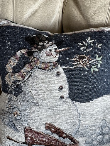 Vintage Sandi Gore Evans Come All Ye Faithful Snowman Tapestry Pillow 16in