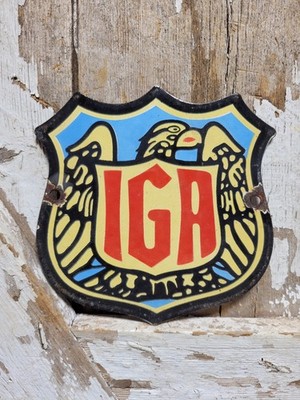 VINTAGE IGA PORCELAIN SIGN OLD GROCERY STORE FOOD MARKET EAGLE GROCERS SHIELD
