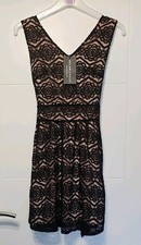 BNWT MELA LONDON NEW LOOK BLACK & BLUSH LACE OVERLAY BELTED SKATER DRESS 12