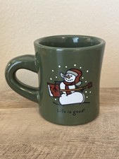 Life Is Good Snowman Coffee Mug Green Ceramic...