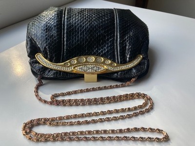 Bellini Collection? Black Snakeskin Clutch/Purse Gold Chain w/Rhinestone Clasp