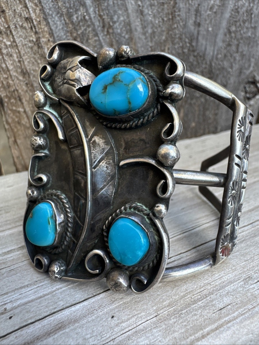 Vintage Native American Sterling Silver Bracelet Turquoise Cuff Large 925  Navajo