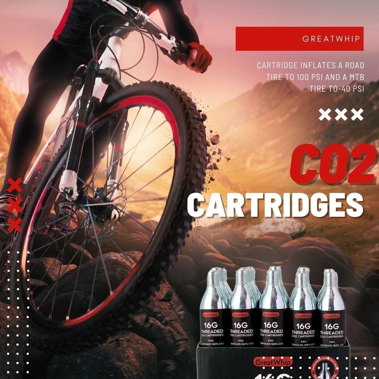 GreatWhip 16g Threaded CO2 Cartridges for Bike Tires 20 Count