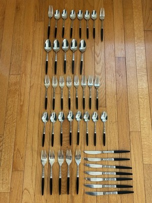 Vintage Lot - 42 Pcs Interpur Stainless Steel Black Handle Flatware Japan