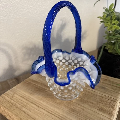 Fenton Blue Sapphire Crest Opalescent Hobnail Ruffle Top Basket- Vintage