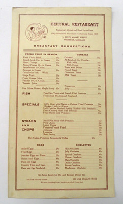 Vintage Central Restaurant Menu 14 N. Market St. Frederick Md - Maryland