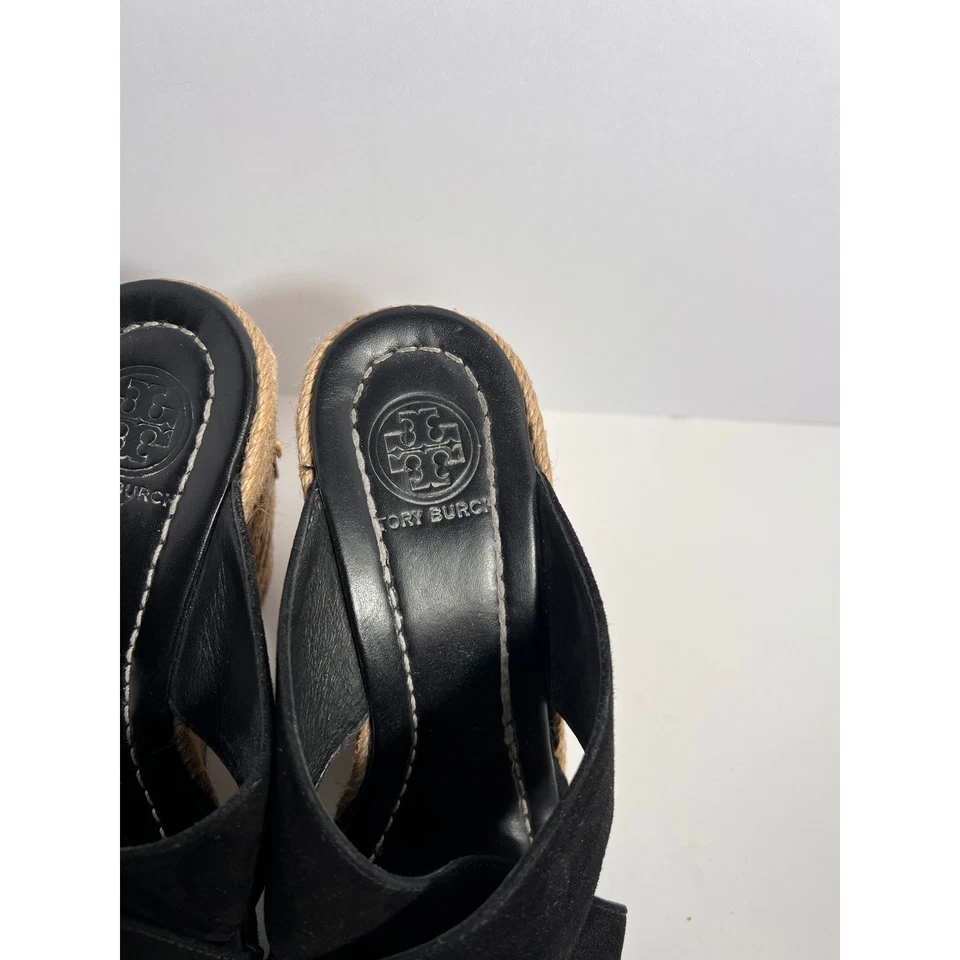 Tory Burch Women's Black Suede Wedge Espadrille Slides Sandals Gold Logo - Image 4 of 4