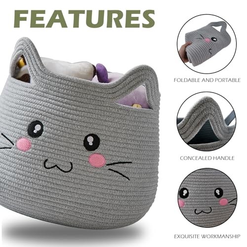  Animal Cat Basket, Cute Cotton Rope Woven Large Grey 2 Grey Cat Open Eyes