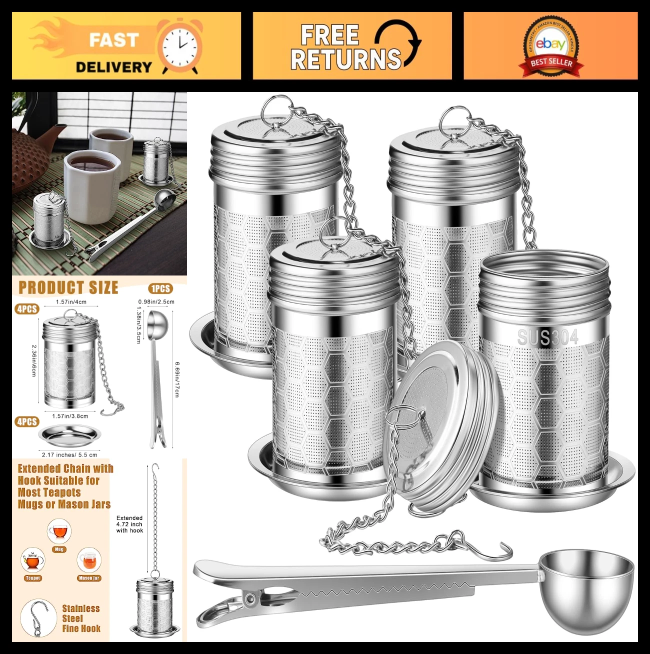 4 Pcs Stainless Steel Tea Infuser Strainers with Scoop & Chain Hook - Extra Fine