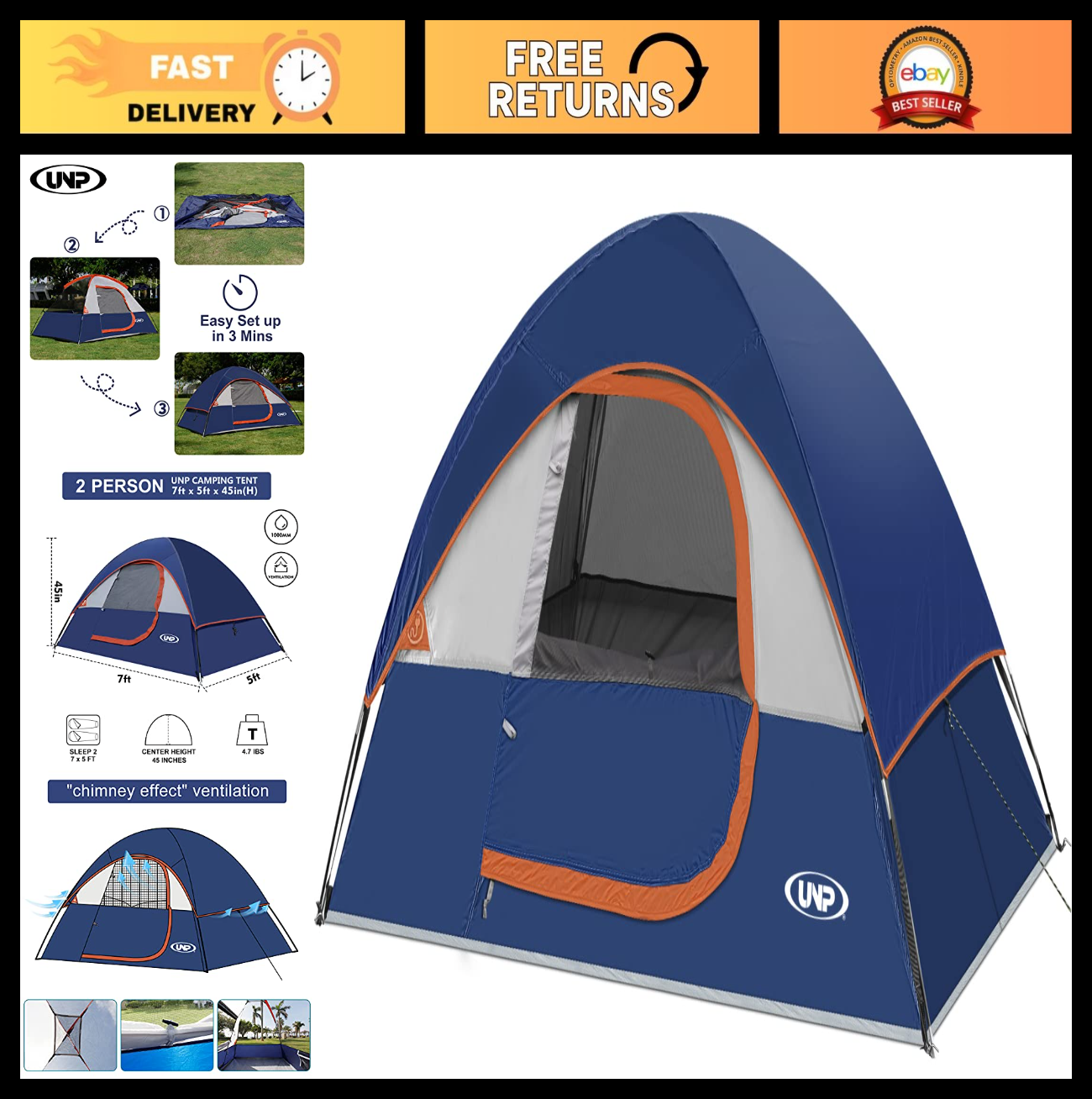 2-4 Person Waterproof Dome Tent Rainfly Easy Setup