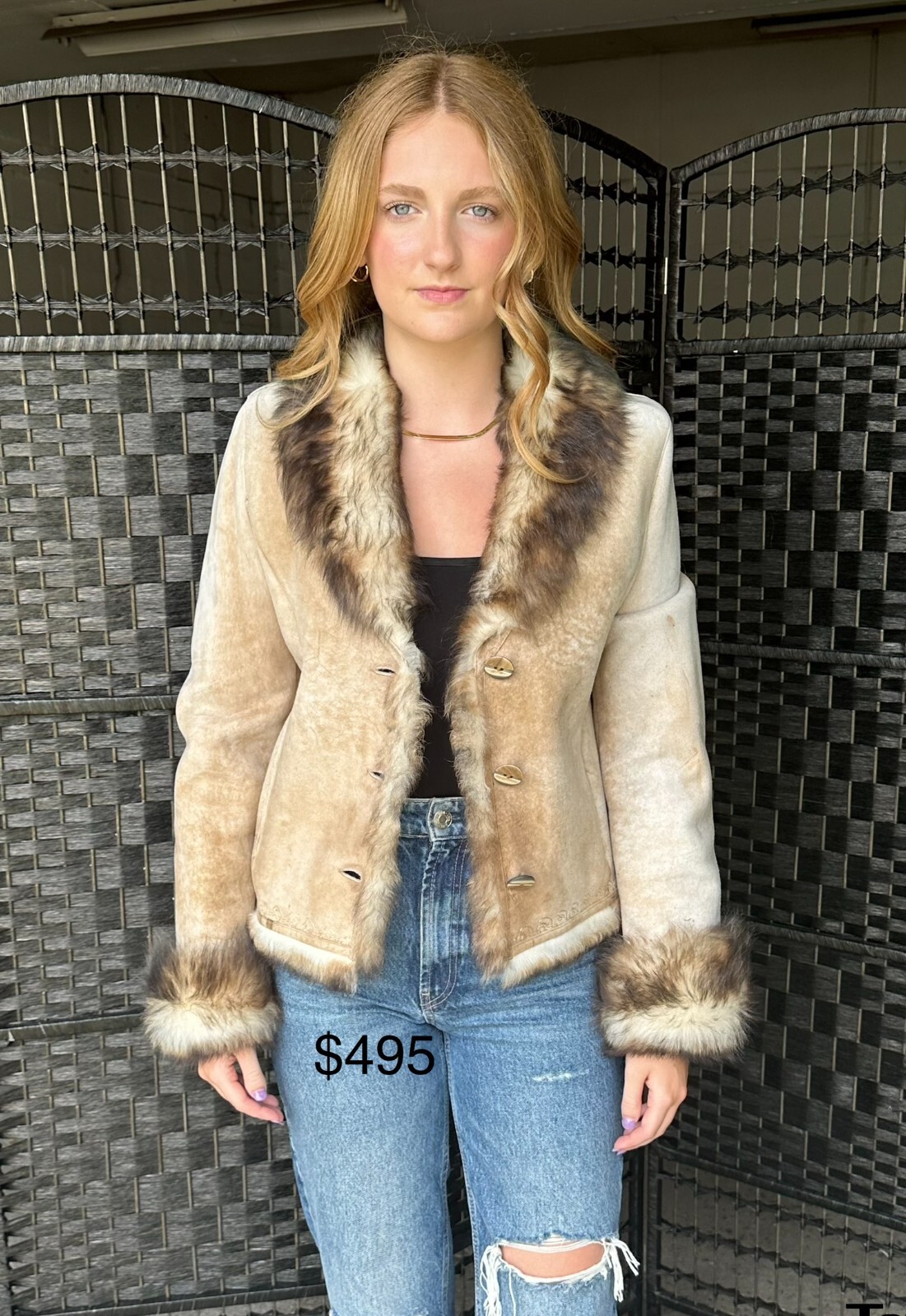 Button Front Beige Shearling Lamb Jacket w/ Tosca… - image 1