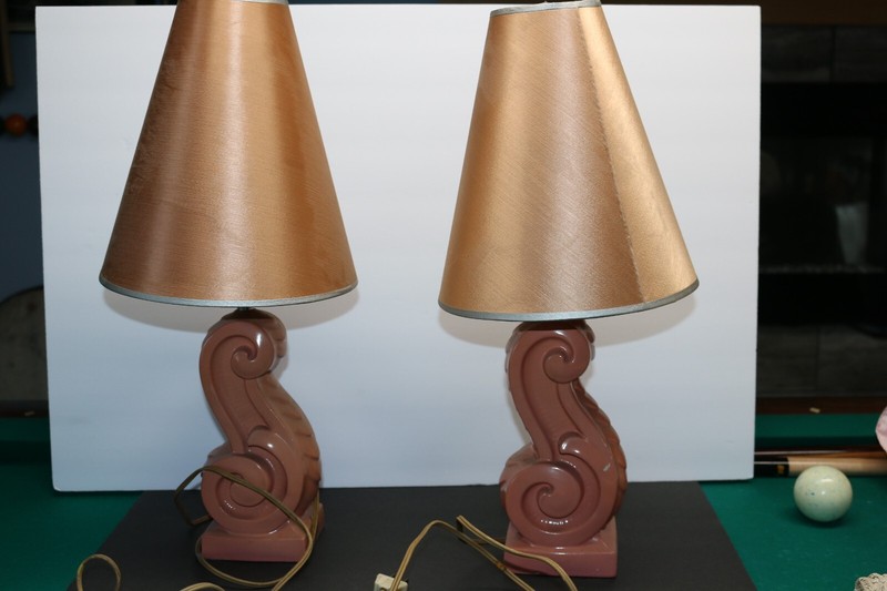 Vintage Mid-Century Deena fine china atomic era art lamps w/ org. shades WORKS