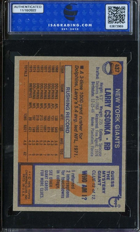 1976 TOPPS #437 LARRY CSONKA ISA 9 NY GIANTS HOF NICELY CENTERED *ADT5708 - Image 2 of 2