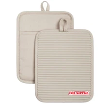Ribbed Soft Silicone Pot Holder 2-Pack Set, Milkshake Tan, 7"x9"