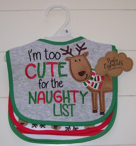 Baby Essentials 3 Pc Im Too Cute For The Naughty List Reindeer Stripe XMAS Bibs