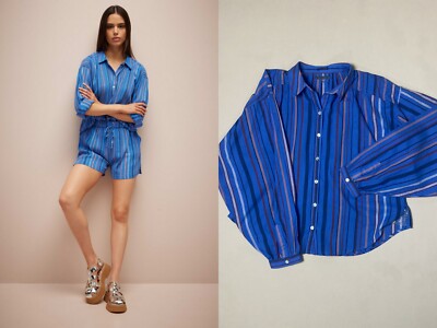 MOTHER get down button down $225 S blue multi stripe NWOT balloon sleeve 20