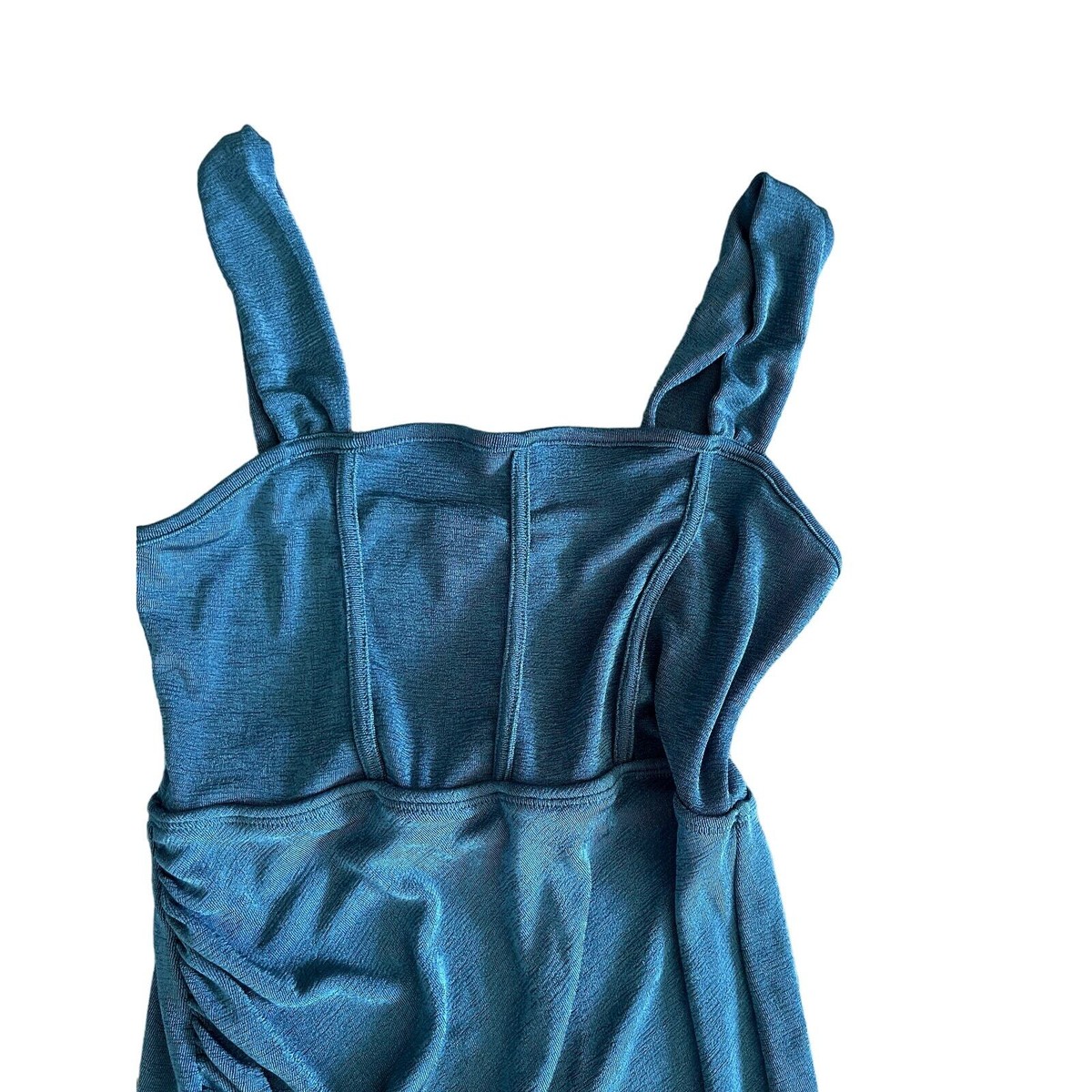 Cider Women's Teal Blue Classy Square Neck Ruched Slit Midi Dress - S | eBay