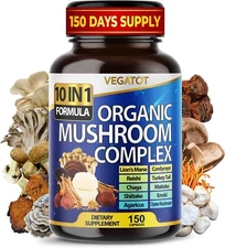 Mushroom Complex Supplement 9700mg, 11 Herbs Lions Mane Reishi - 150 CAPSULES