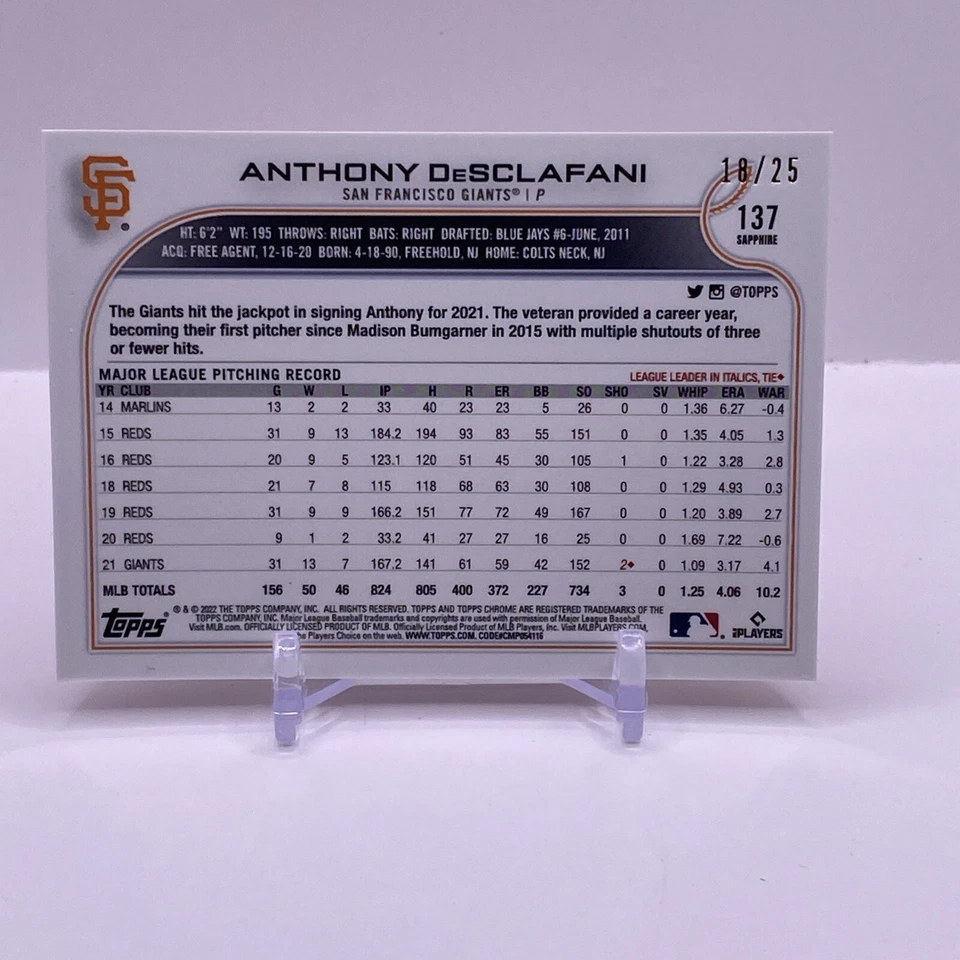 2022 Topps Chrome Sapphire Anthony Desclafani Orange /25 - Image 2 of 2