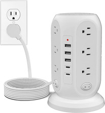 Tower Power Strip with 12 Outlets and 5 USB Ports 2 USB-C , Flat Extension Cord