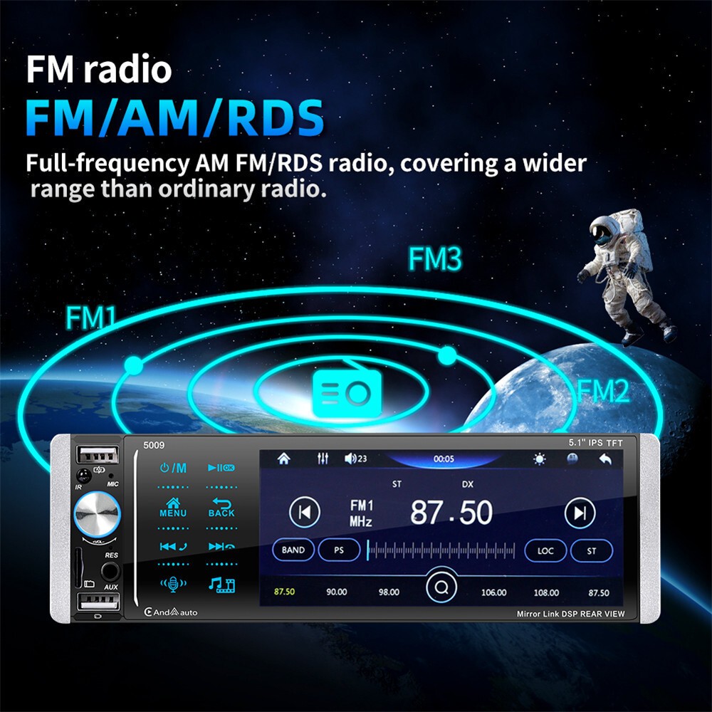 5.1in 1Din Touch Screen Car Radio Stereo Bluetooth AM/FM MP5 Player Android IOS