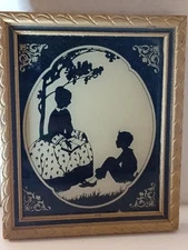 Reliance Silhouette Garden Story Hour Reverse Painted Glass Gold Vintage T-3